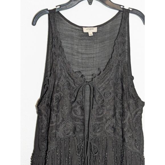 UMGEE Black Gauze Duster Swim Topper Crochet Lace Fringe Sleeveless Tie Front L - Picture 2 of 7